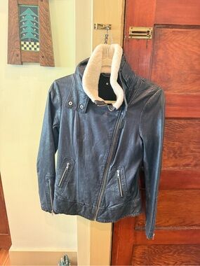 Mackage Black Leather Moto Jacket with Cream Sherpa Collar